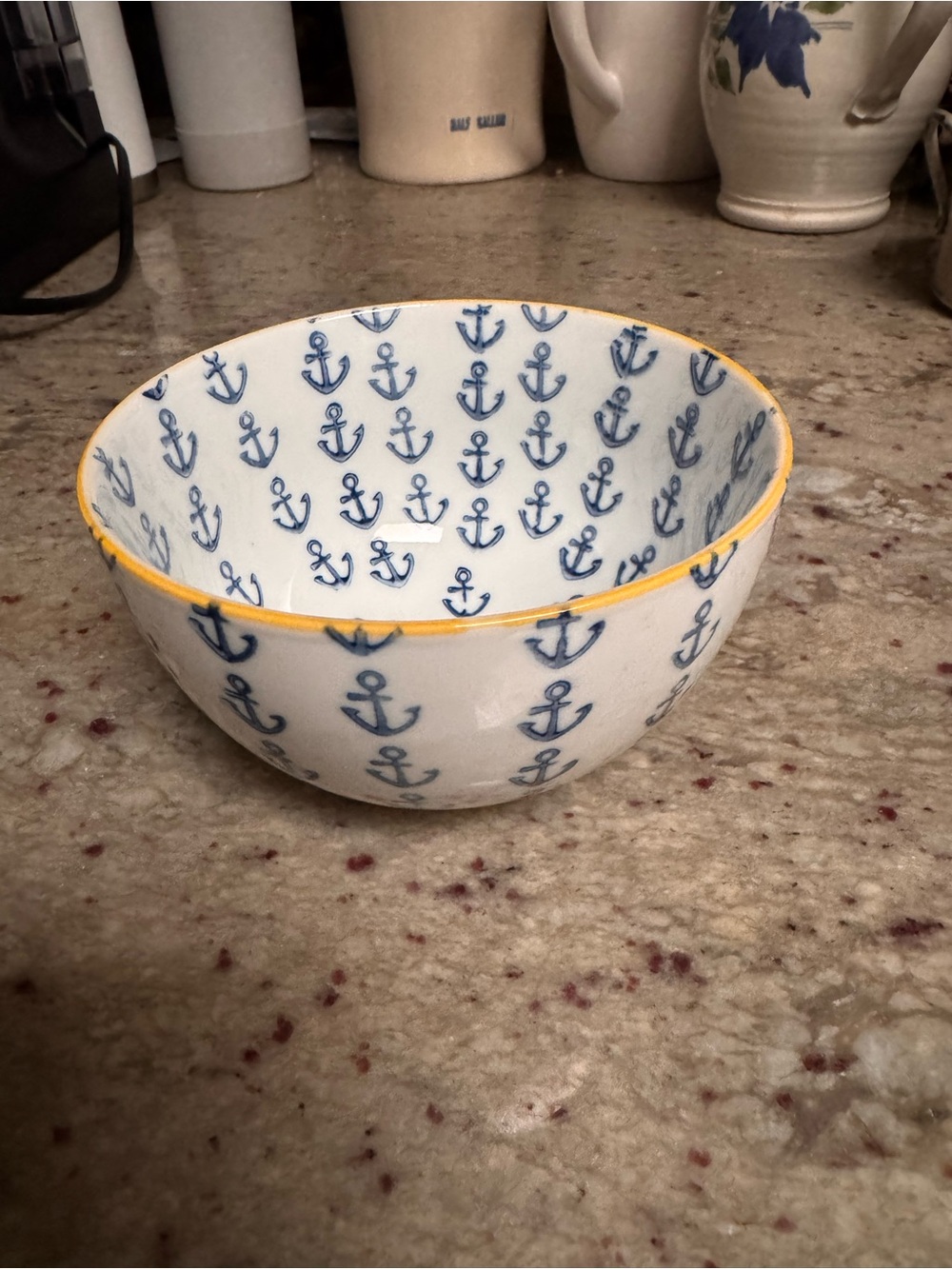 Creative Co-Op Blue Anchor Ceramic Bowl with Yellow Rim